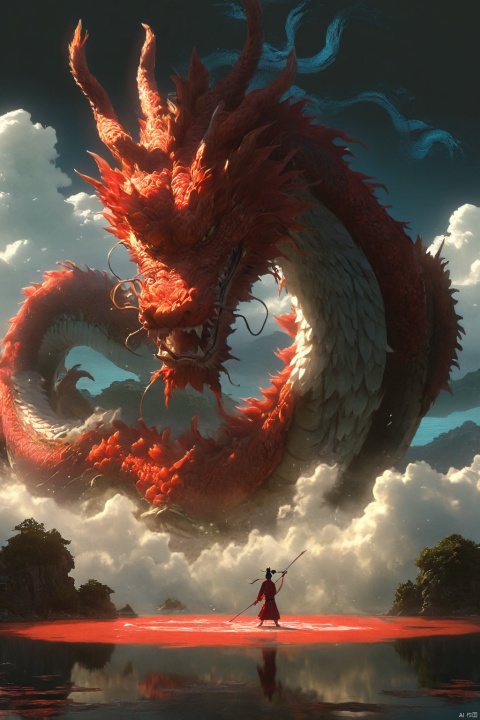  animation of an black red giant Chinese dragon swimming on the lake surface, the dragon huge and very long, a girl on the lake,Dragonheaddecoration, A circle of ripples formed on the water surface, the girl holding a sword, Drone perspective, blue-ice lake water, Chinese Martial Arts World, Chinese mythological scenes, Bright colors, Sunlight, Transparent lake water, megalophobia, by Tsui Hark, Chinese movie Big Fish and Begonia, watercolor, ananmo