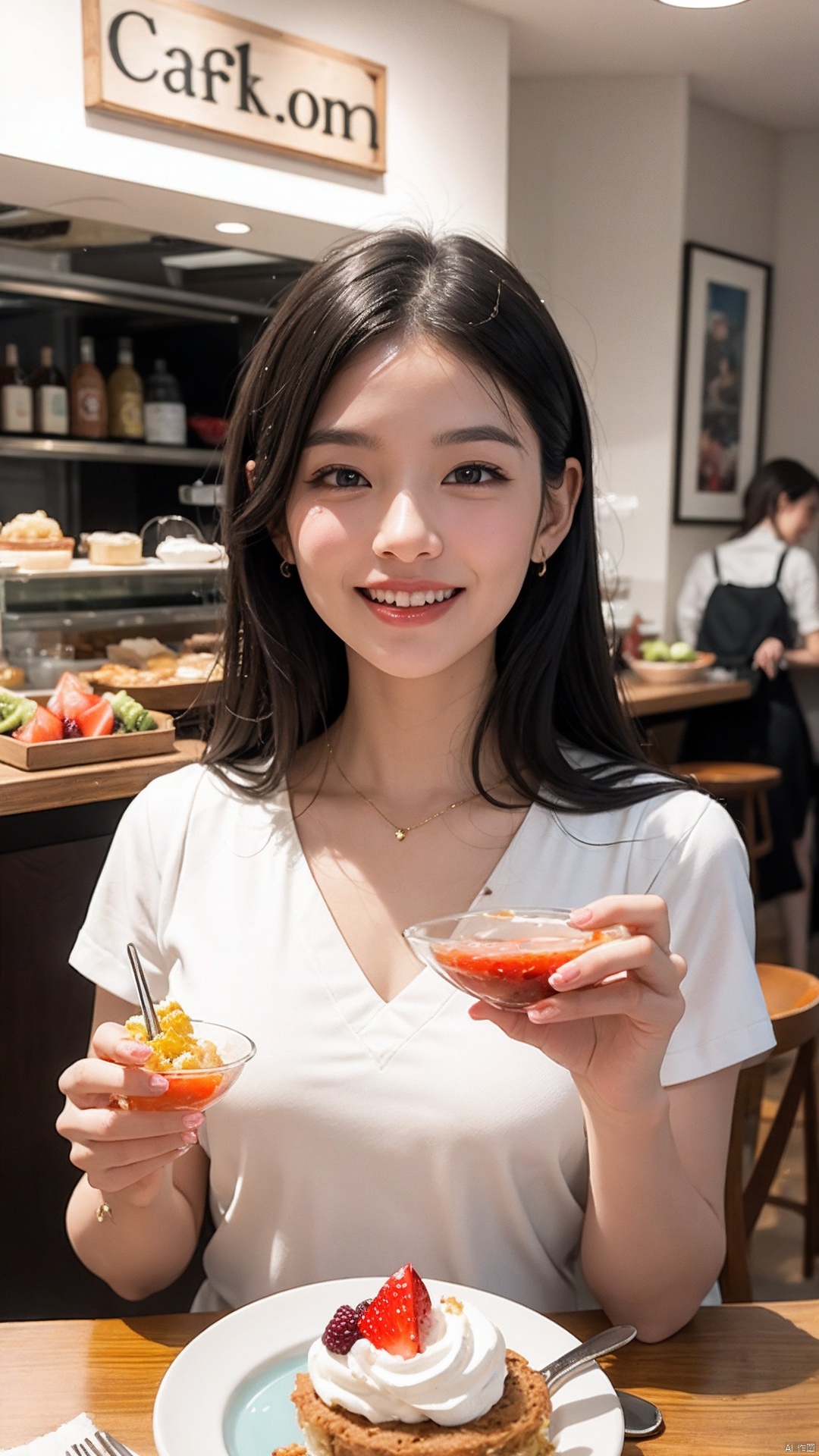  smile, summer night, 30 years old woman, casual outfit, living, simple illustration,On a sunny afternoon, a group of friends gathered at a cozy café, their laughter filling the air as they indulged in sweet treats. Among them was a girl named Lily, her eyes sparkling with delight as she eagerly dug into a scrumptious parfait. With each spoonful, she savored the harmonious combination of silky ice cream, velvety whipped cream, and an array of vibrant fruits and toppings. The joy on Lily's face mirrored the happiness shared among her friends, as they reveled in the simple pleasure of good company and delectable desserts. In that moment, the café became a haven of laughter, friendship, and the shared love for the heavenly delight of a parfait.