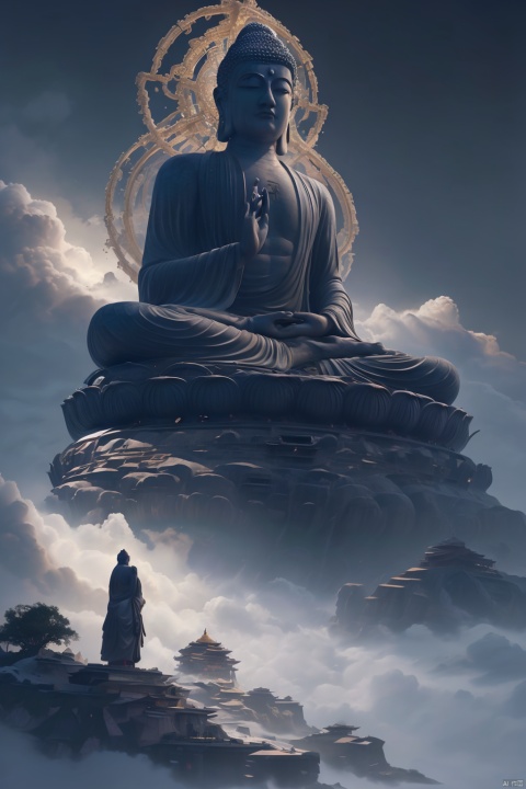  epic film still of Sakyamuni in the swirl cloud in the night storm, cinematic,in the style of vray tracing, bronze and black, storybook illustrations, twisted characters, fluid, dynamic balance, highly detailed