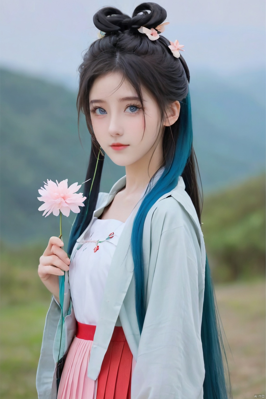 Long hair, light blue hair, pink streaks of hair, space bun hairstyle, flower hairpin, blue eyes, long-sleeve, button-up white shirt, a gray jacket with blue-green stripes, a red bow, dark blue-green pleated skirt, school background, add_detail:1, add_detail:0, add_detail:0.5