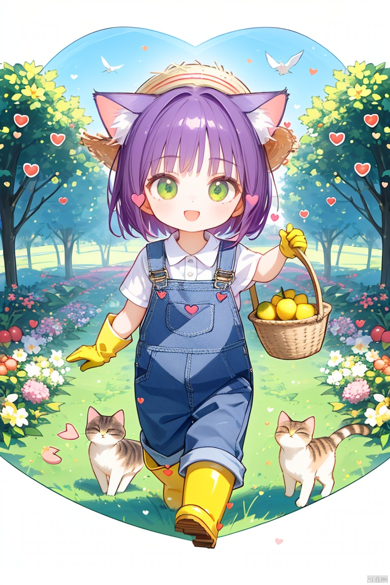 (female): solo, (perfect face), (detailed outfit), (20 years old), (chibi), (((heart:1.3))), fruit farmer, (cat ears:1.2), happy, smiling, (dancing), purple hair, short hair, bob cut hair, green eyes, light skin, (denim overalls), (rubber boots), straw hat, (basket of fruits), (gardening gloves)

(background): from front, outdoor, orchard, (fruit trees), (ladder), (baskets), (birds), morning, sunny

(effects): (masterpiece), (best quality), (sharp focus), (depth of field), (high res), more_details:-1, more_details:0, more_details:0.5, more_details:1, more_details:1.5