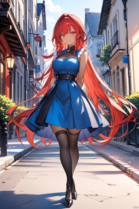vibrant colors, 2 females, masterpiece, sharp focus, best quality, depth of field, cinematic lighting, red hair, very long hair, red eyes, white thighhighs, dress, outdoors, town, sidewalk, dark skin, blue hair, very long hair, blue eyes, indoors, black legwear, arms behind back, smile, 