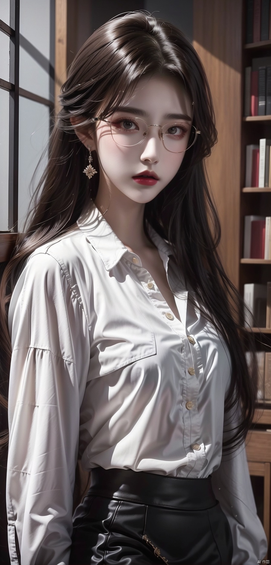  Brown curly hair, long hair, black framed glasses, royal sister, wearing a white shirt, black leather skirt, academic sister, red lips, looking at the camera, girl, solo, portrait, black eyes, school library, masterpiece, cg, exquisite clothing, detailed scene portrayal, high-definition