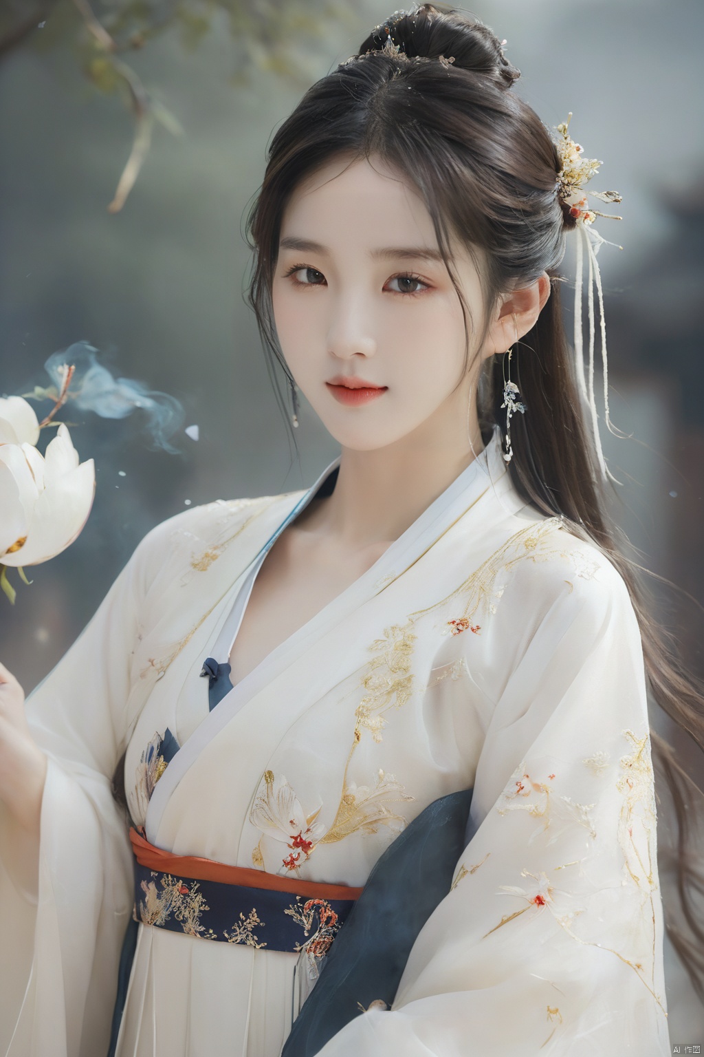  best quality, masterpiece,cowboy_shot,(Good structure),,a girl,xianjing,Off-the-shoulder, bust photo,upper body,Hanfu, Cloud, Smoke,branch,flower, smile,Gaze at the audience, Ink scattering_Chinese style, ((poakl)), ,looking_at_viewer,kind smile, , chinese dress,white dress, liuyifei,long_hair