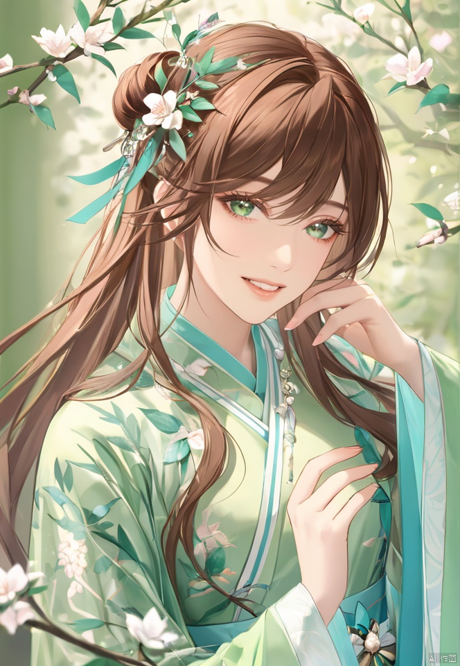  (best quality), ((masterpiece)), (highres), illustration, original, extremely detailed,yuan1girl, branch, long hair, solo, green dress, flower, brown hair, dress, hair ornament, chinese clothes, upper body, teeth, long sleeves, green background, looking at viewer