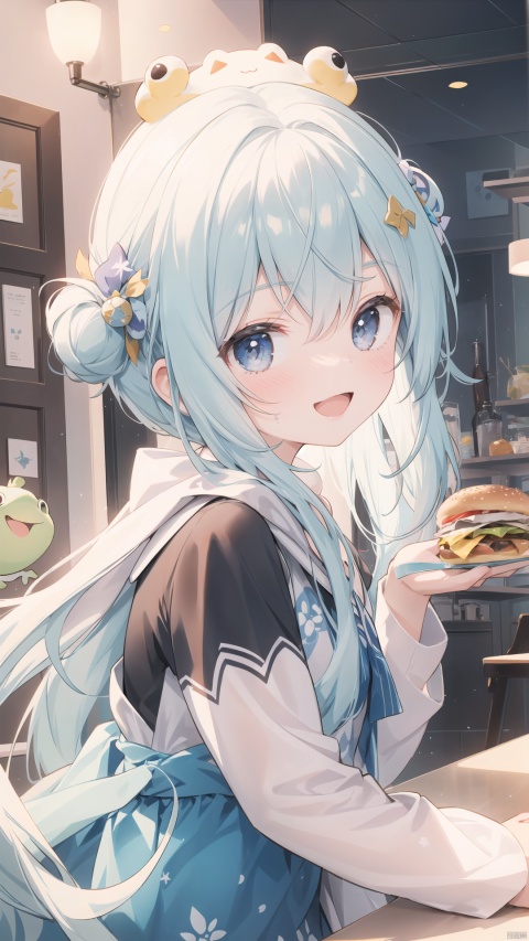 1girl,burger color,beautiful girl,frog,open mouth smile,side light,light particles,avatar