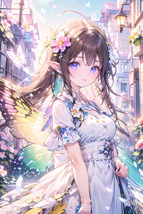  1girl,Butterflies on the Head, antennae, blue butterfly, blue wings, blurry, blurry background, brown hair, butterfly, butterfly hair ornament, butterfly on hand, butterfly wings, cleavage, fairy, fairy wings, flower, flying, glowing butterfly, glowing wings, green wings, hair ornament, ice wings, insect wings, lips, long hair, medium breasts, motion blur, multicolored wings, nature, pink wings, pointy ears, purple wings, solo, transparent wings, white butterfly, white wings, wings, yellow butterfly, yellow wings,Dawn Elf,dawn,glow,Glowing wings,Dress,Multiple butterflies,Glowing Butterfly,Super large wings，(1girl:1.3), extremely detailed,(fractal art:1.1),(colorful:1.1)(flowers:1.3),highest detailed,(zentangle:1.2), (dynamic pose), (abstract background:1.3), (shiny skin), (many colors:1.4), ,(earrings), (feathers:1.5) , (Flamethrower:1.3),red background, Phoenix dress