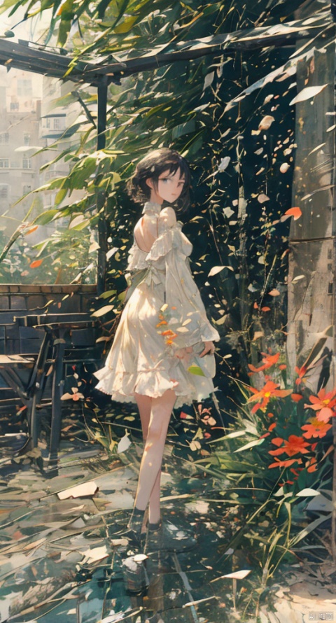  1girl, solo, looking at viewer, short hair, bangs, dress, closed mouth, standing, upper body, flower, white hair, short sleeves, looking back, from behind, white dress, grey eyes, leaf, white flower