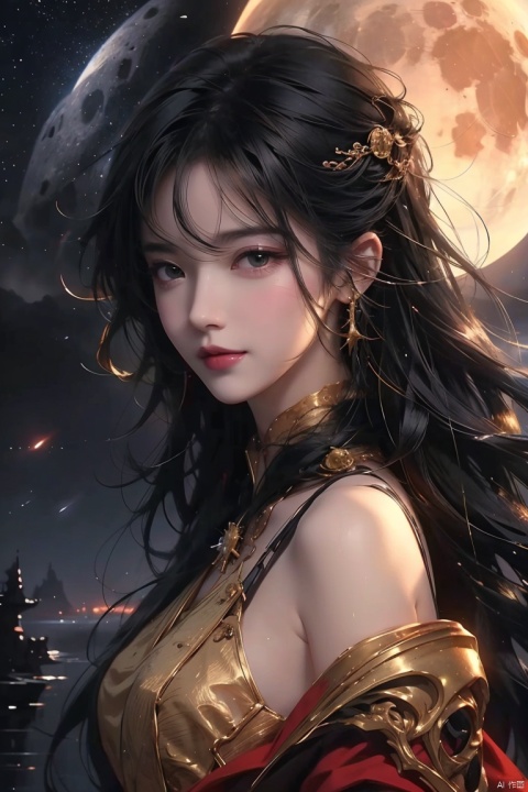  leogirl, cute 1girl, messy long black hair,detailed face, realistic, photorealistic, (studio light:1.2),smile，A painting of a river with stars and moon in the sky,concept art inspired by Tosa Mitsuoki,pixiv contest winner,best quality,fantasy art,beautiful anime scene,golden moon. A bright moon,starry sky environment under the moonlight,dream painting,anime background art,fantasy landscape art,dreamy night,anime background,background artwork,dreamy art,atmospheric anime,starry sky,details enhanced.