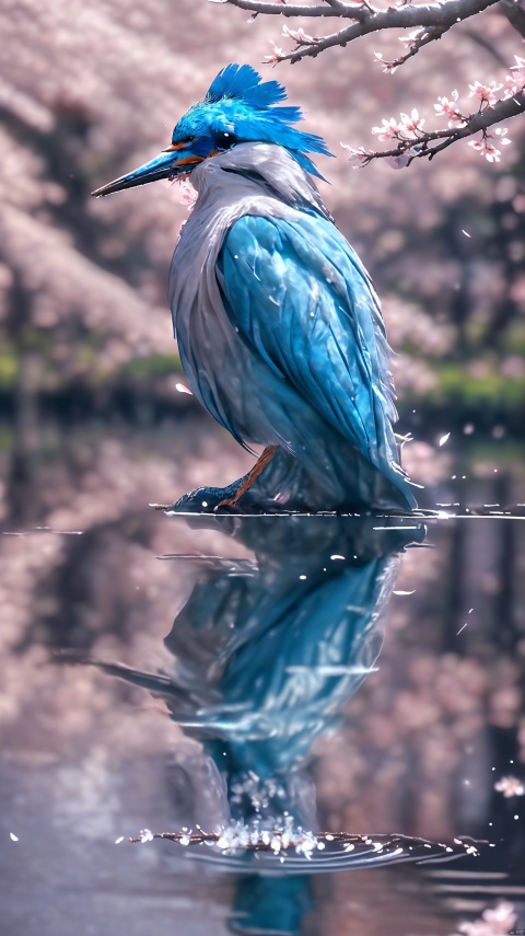 Superb Kingfisher Near White Cherry Blossoms on Branches, Dark, Dawn, (Cold Morning: 1.1), (Morning Dew: 1.15), Realistic Photography, (Low Photo: 1.2), Detail, 8K, Intricate Folded Feathers, Water Droplets on Feathers, (to8contrast style), (MIST: 0.7), Bright Colors, Sony a6600 Mirrorless Camera, embellish2