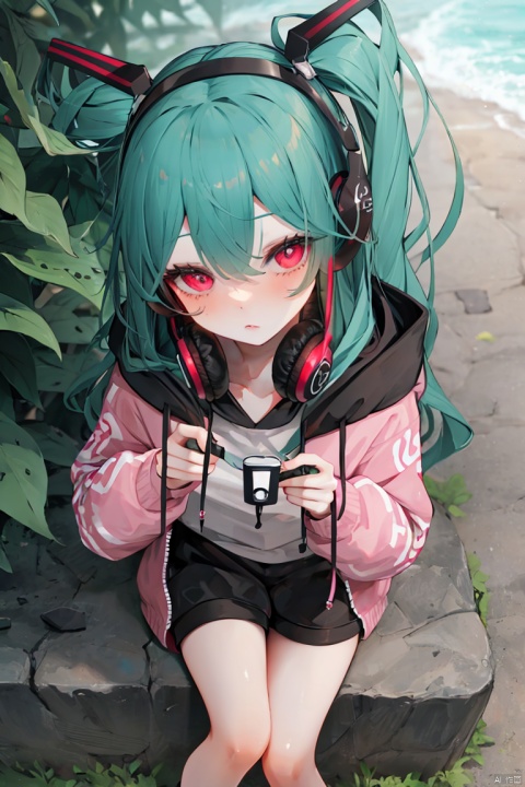 1 girl, teal hair, pink eyes, white hoodie, black shorts, outdoors, red headphones, more prism, vibrant color