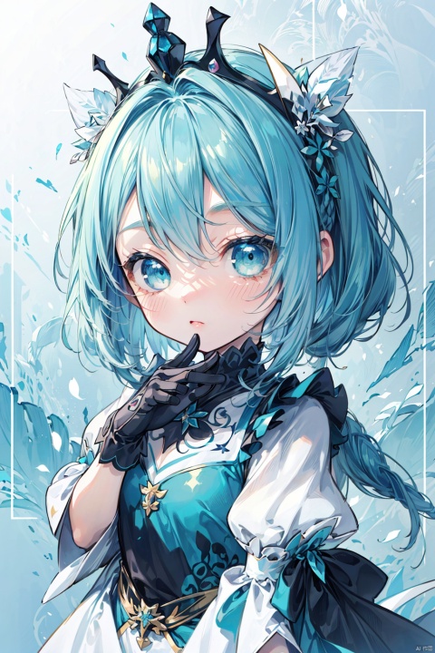 (artwork),(amazing work),(indirect linear lighting),(Chibi-cute studios),(Gif cute anime),(cute cute kawaii),(extremely detailed CG 8k unit wallpaper),1girl wearing cute dress,long blue hair with cute ruffled tiara,wearing silk gloves,white skin,green blue eyes,(cute kawaii)