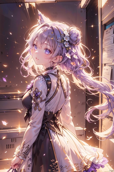 Keqing \(genshin impact\), pale purple hair, twintails, purple eye, cone hair bun, double bun, crossed bangs, ((ultra-detailed)), ((illustration)), (beautiful detailed eyes), arms_behind_back, ((classroom)), from behind