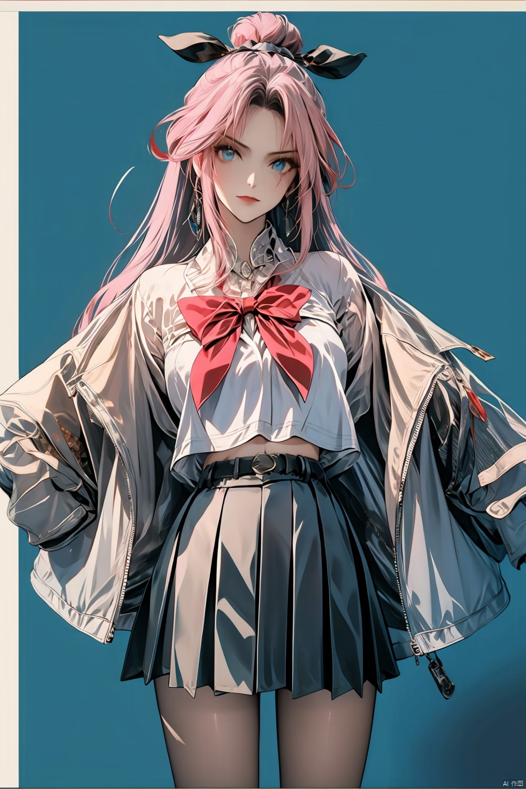  Long hair, light blue hair, pink streaks of hair, space bun hairstyle, flower hairpin, blue eyes, long-sleeve, button-up white shirt, a gray jacket with blue-green stripes, a red bow, dark blue-green pleated skirt, school background, add_detail:1, add_detail:0, add_detail:0.5