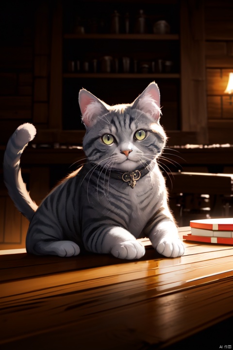 modelshoot style,8k,portrait of a cute grey\(russian blue\) cat sitting on a wooden table in a medieval tavern,detailed fur,trending on ArtStation,trending on CGSociety,Intricate,High Detail,Sharp focus,dramatic lighting,digital painting,digital art,by artgerm,by Liang Xing,by WLOP