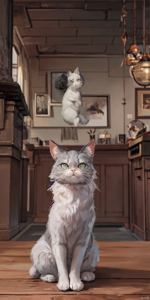 modelshoot style,8k,portrait of a cute grey\(russian blue\) cat sitting on a wooden table in a medieval tavern,detailed fur,trending on ArtStation,trending on CGSociety,Intricate,High Detail,Sharp focus,dramatic lighting,digital painting,digital art,by artgerm,by Liang Xing,by WLOP