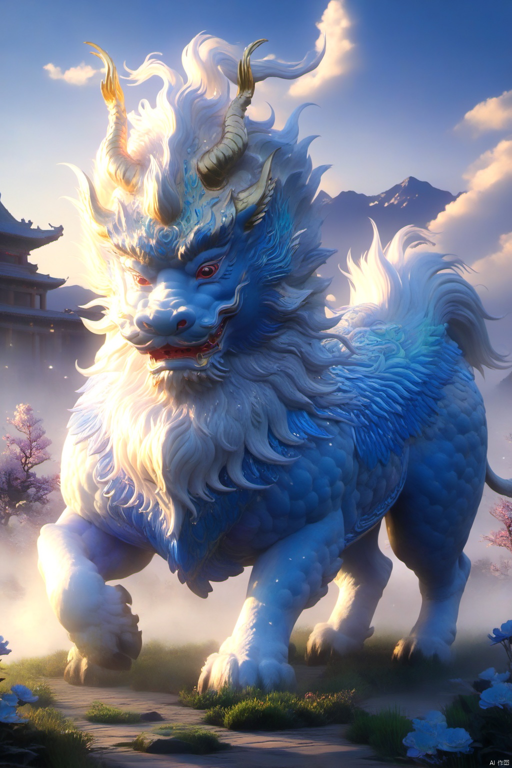  masterpiece,best quality,
The qilin is majestic, its body sleek and graceful, adorned with shimmering scales that glint in the sunlight. Its horn is long and spiraled, its eyes wise and kind. As it moves, the ground beneath its hooves bursts into bloom, flowers and grass springing up in its wake, creating a verdant path wherever it goes.，blue