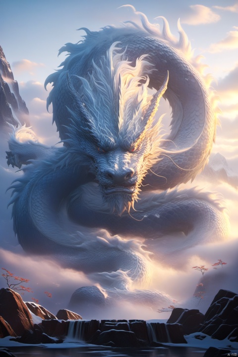  The Chinese Loong formed by ice and water has four dragon claws. The fog covers part of the dragon's body, and the dragon's body is indistinct