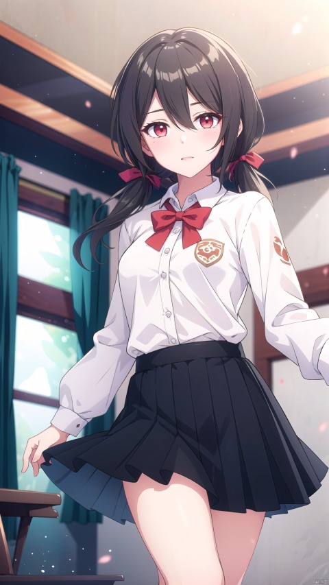 (masterpiece, best quality),ray tracing,absurdres, HDR,1girl, bangs, black hair, twintails, very_long_hair, black_skirt, blush, bow, bowtie,breasts, depth_of_field, hair_between_eyes, hair_ribbon, indoors, , long_sleeves, looking at viewer, , pleated_skirt, red bow, red bowtie, red_eyes, red ribbon, school_uniform, shirt, sidelocks, pleated skirt, solo, white_shirt,cowboy shot,happy,cute face,natural light