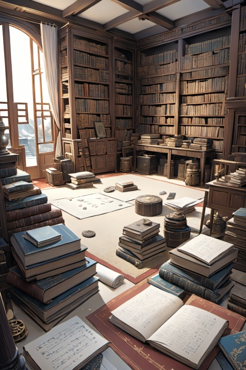 (((Reasonable scenery configuration))),high-quality carpet and various objects scattered on top,including ancient artifacts,stacked ornate books,and parchment scrolls. Despite the many items,the scene looks remarkably organized and tidy.