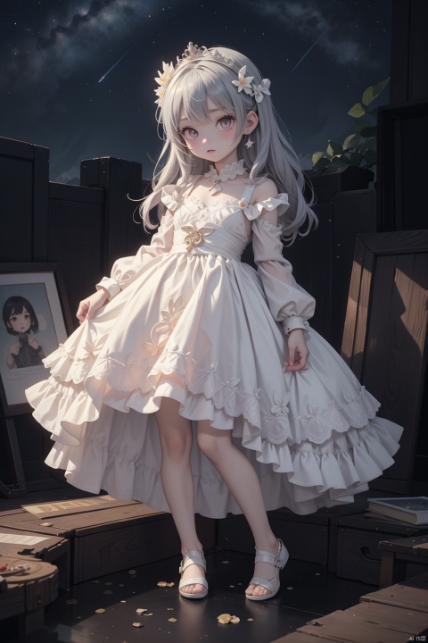  (starry sky bright \(idolmaster\):1.2),1girl,grey hair,star earrings,wedding dress,(red_eyeshadow:1.2),(sideways:1.3),(full body:1.1),(star-shaped pupils:1.3),floodlights,red eyeshadow,stand,In a dimly lit two-dimensional anime style illustration, the scene is set against a subtle background that doesn't reflect light, creating a more subdued atmosphere. At the center, a young girl stands, portrayed in a detailed anime aesthetic, wearing a simple yet elegant dress. Her posture is relaxed, filled with a sense of wonder as she looks upwards. Surrounding her, numerous masks float weightlessly in the air, all of them pure white but each bearing a unique expression. These masks, despite their uniform color, stand out due to their diverse expressions, adding a layer of intrigue to the scene. The masks are at various distances from the girl, some appearing closer to the viewer, enhancing the depth of the scene without the use of reflective effects. The entire composition is carefully crafted to minimize brightness and reflections, focusing instead on the varied expressions of the white masks and the curious gaze of the girl. The illustration's perspective is a long shot, ensuring
(masterpiece:1,2),best quality,(Five fingers:1.4),
masterpiece,highres,original,extremelydetailed wallpaper,perfect,
lighting,(extremely detailed CG:1.2),drawing,paintbrush,, (masterpiece:1,2), best quality,
masterpiece, highres, original,extremelydetailed wallpaper, perfect
lighting,(extremely detailed CG:1.2),drawing, paintbrush,