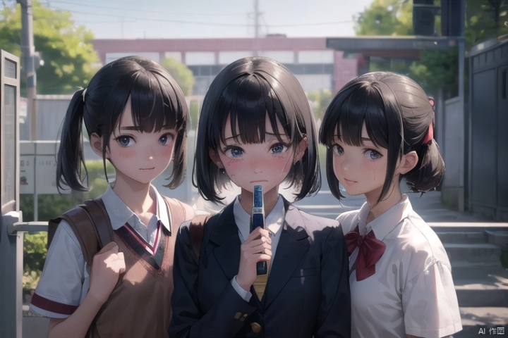 (3 girls), Junior high school girls, standing side by side, all crying, ((crying, crying hard)), after graduation ceremony, (tears, runny nose, bright red face), crumpled face, uniform, blazer and ribbon, from chest up, short bob with black hair, brown ponytail, twin-tail black hair, ((holding tube with diploma in holding a tube with a diploma in it)), ) 
 BREAK, . 
 (masterpiece), elaborate illustration, rich saturation, sharp contrast, in front of school gate, blurred background