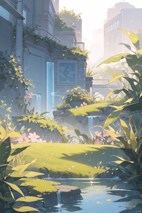 beautiful happy picturesque charming organic futuristic sci - fi city integrated in nature. water and plants. beautiful light. grainy and rough. soft colour scheme. beautiful artistic vector graphic design by lurid