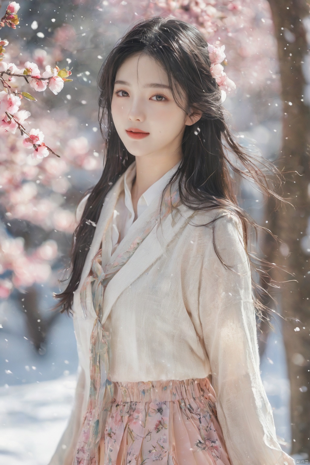  1 girl,Transparent skirt,pink face,stockings,(snow:1.2),(snowing:1.2),peach blossom,snow,solo,scarf,black hair,smile,long hair,bokeh,realistic,long coat,blurry, captivating gaze, embellished clothing, natural light, shallow depth of field, romantic setting, dreamy pastel color palette, whimsical details, captured on film,. (Original Photo, Best Quality), (Realistic, Photorealistic: 1.3), Clean, Masterpiece, Fine Detail, Masterpiece, Ultra Detailed, High Resolution, (Best Illustration), (Best Shadows), Complex, Bright light, modern clothing, (pastoral: 1.3), smiling,standing,(very very short skirt:1.5),knee socks,(white shoes: 1.4),long legs, forest, grassland,(view: 1.3), 21yo girl, striped, wangyushan, capricornus, 1girl, light master