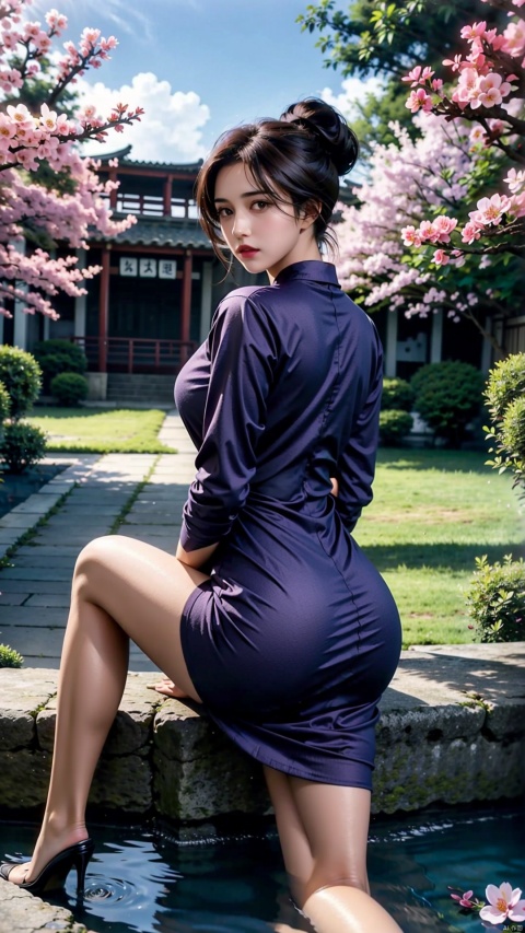  1girl, solo, long hair, looking at viewer, brown hair, dress, brown eyes, sitting, ponytail, ass, flower, outdoors, sky, day, water, tree, bare legs, chinese clothes, cherry blossoms, china dress, purple dress, branch