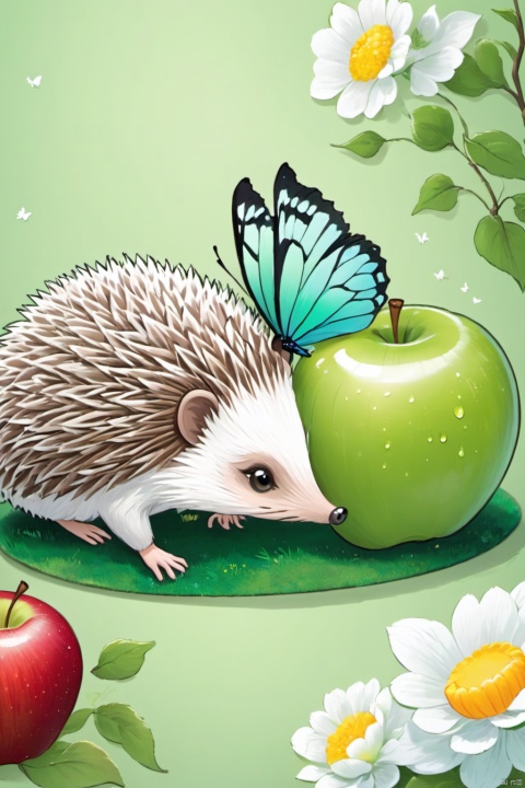 a green apple and flowers at the bottom,a hedgehog crawls over an apple and sniffs a butterfly