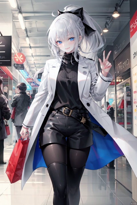 1girl, solo, long hair, blue eyes, black bow, braid, morgan le fay \(fate\), long sleeves, bangs, thigh boots, smile, french braid, grey hair, boots, ponytail, hair bow, scarf, bag, black shorts, bow, very long hair, looking at viewer, open mouth, shorts, pantyhose, belt, black footwear, open clothes, breasts, thighhighs, photo \(object\), large breasts, white coat, coat, sidelocks, shopping bag, ahoge, open coat, thighs, index finger raised, blush, indoors, earrings，(masterpiece, best quality, very detailed, Ultra HD: 1.2)