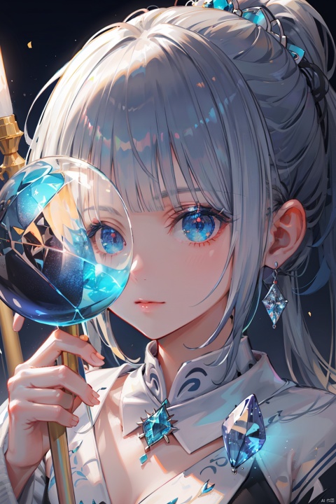 masterpiece,best quality,8K,wallpaper,depth of field,a girl,solo,blue hair,water magic,magician,black hair accessories,jewelry,hair ornament,staff,(beautiful detail light blue crystal ball:1.2),low ponytail,night,long hair,winter,drop earring,close up