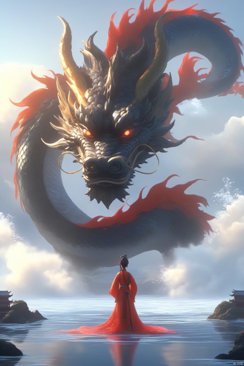  animation of an black red giant Chinese dragon swimming on the lake surface, the dragon huge and very long, a girl on the lake,Dragonheaddecoration, A circle of ripples formed on the water surface, the girl holding a sword, Drone perspective, blue-ice lake water, Chinese Martial Arts World, Chinese mythological scenes, Bright colors, Sunlight, Transparent lake water, megalophobia, by Tsui Hark, Chinese movie Big Fish and Begonia, watercolor, ananmo， fish, goldfish, no humans, koi, water, grey background, bubble, water drop, splashing, realistic, orange theme, animal focus, air bubble, underwater