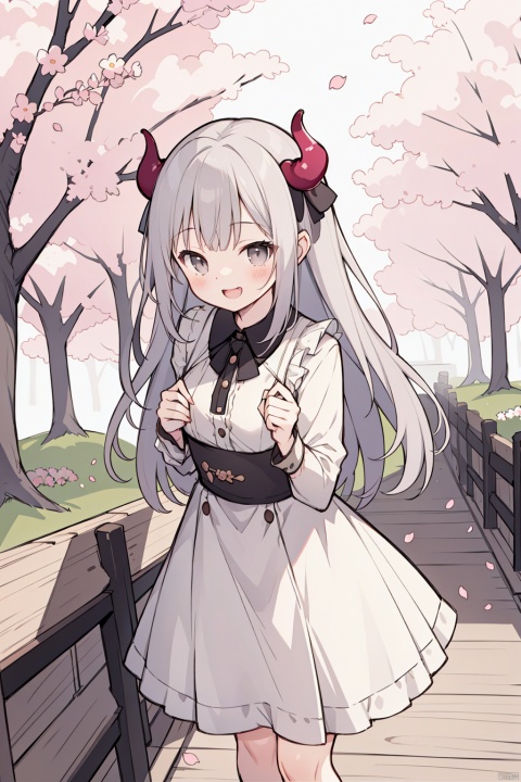 Cute anime girl, long white hair, gray eyes, devil horns, white dress, solo focus, outdoors, long loose hair, looking at camera, open mouth laughing, blush, chest, smile, open mouth laughing, cherry blossoms Walking along the tree line, cherry blossoms, cherry blossom blizzard