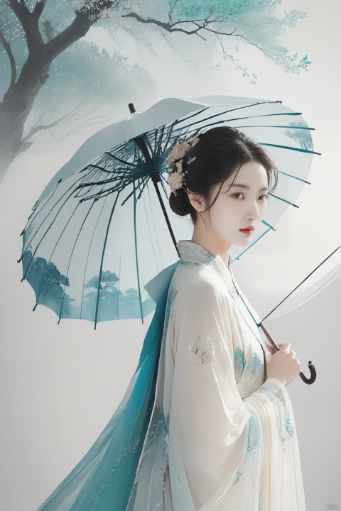 
/I Foreground a tree, an ancient Chinese beauty holding an umbrella, cyan and white color matching, ink painting minimalist style, large white space, tulle translucent material, soft gradient, perspective aesthetics