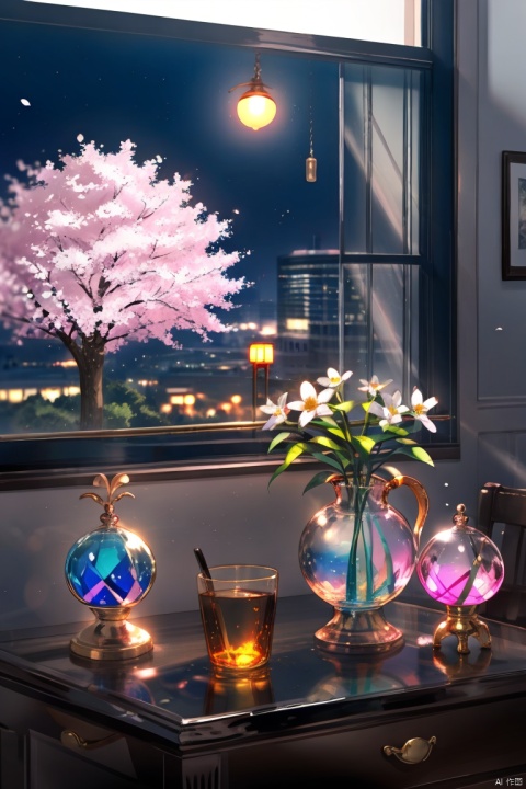 Pink glowing_glass sculpture of a Sakura tree, on a nightstand, depth of field, fisheye,