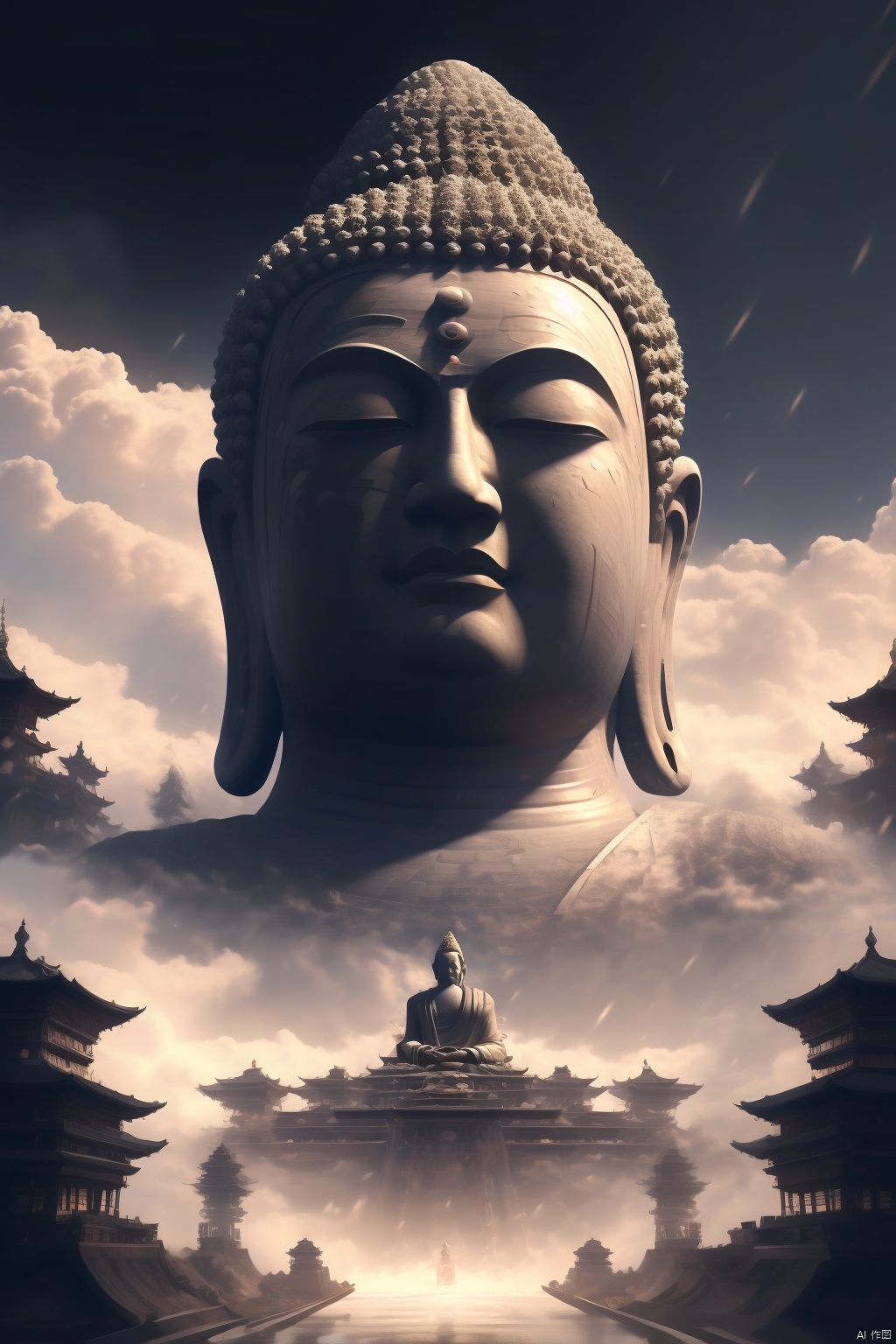   epic film still of Sakyamuni in the swirl cloud in the night storm, cinematic,in the style of vray tracing, bronze and black, storybook illustrations, twisted characters, fluid, dynamic balance, highly detailed