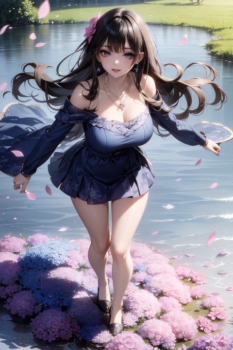  (fullbody:1.1),masterpiece,bestquality,8k,officialart,cinematiclight,ultrahighres,1girl,(wavy hair:1.1),drop earrings,necklace,,shiny skin,look at view, ((ink)),(water color),bloom effect,detailed beautiful grassland with petal,flower,butterfly,necklace,smile,petal,(((surrounded by heavy floating petal flow))), 1girl,moyou