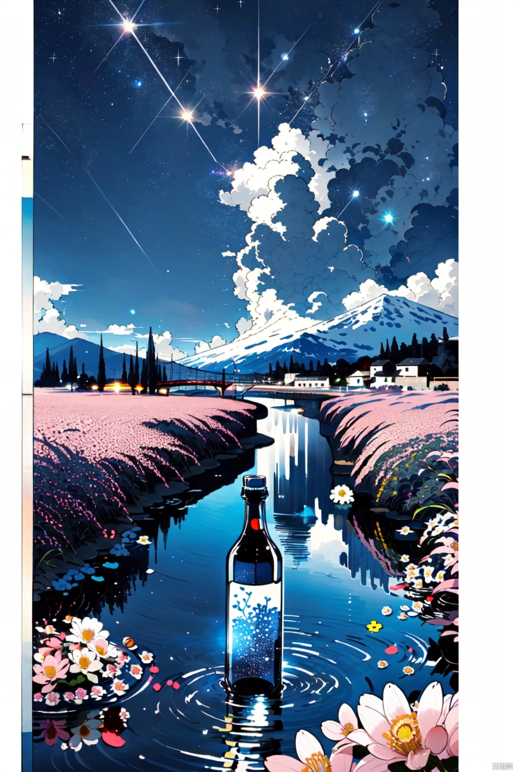  masterpiece, best quality, extremely detailed, anime, midnight, starry sky, clear weather, grasslands, (flower:1.4)(((blooming))), river, hill, ((light particles)), superb view, lora:more_details:0.5, World in a bottle, glowify