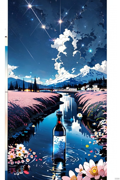  masterpiece, best quality, extremely detailed, anime, midnight, starry sky, clear weather, grasslands, (flower:1.4)(((blooming))), river, hill, ((light particles)), superb view, lora:more_details:0.5, World in a bottle, glowify