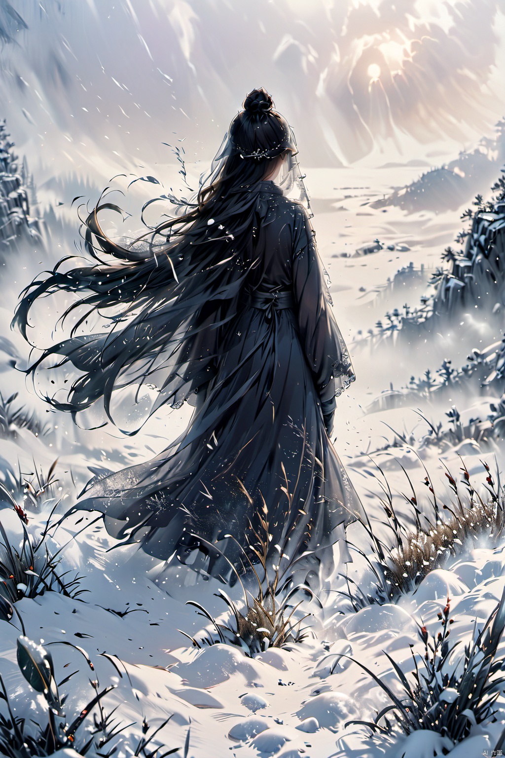  Amidst a raging blizzard, a solitary figure stands resilient in a snow-covered field, viewed from behind. The girl's silhouette is barely discernible through the thick veil of swirling snowflakes. Despite the intensity of the storm, there's an aura of serenity and strength emanating from her presence, as she stands amidst the chaotic beauty of the blizzard's embrace. The field of view captures the vastness of the wintry landscape, emphasizing the girl's solitary stance against the elements, more_details:-1, more_details:0, more_details:0.5, more_details:1, more_details:1.5