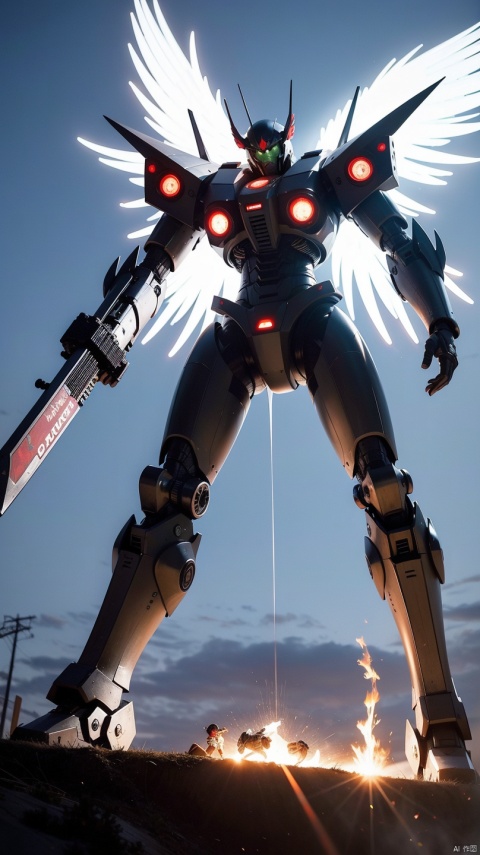  sky, flying, holding weapon,  glowing, armor, glowing eyes, mecha, realistic,mecha, large wings