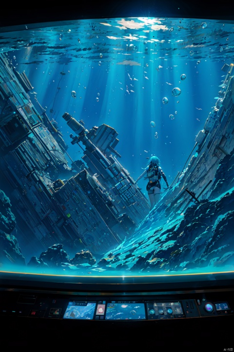 fish,underwater,1girl,(far shot),masterpiece,best quality,aqua theme,(solo),look sideways,dim light,cables and tubes,large window,(blue astronaut suit),(science_fiction),spaceship cockpit,universe,neon lights,cyberpunk,far shot,side view,aquatic,far shot,visor,sea at one side and space at the other side