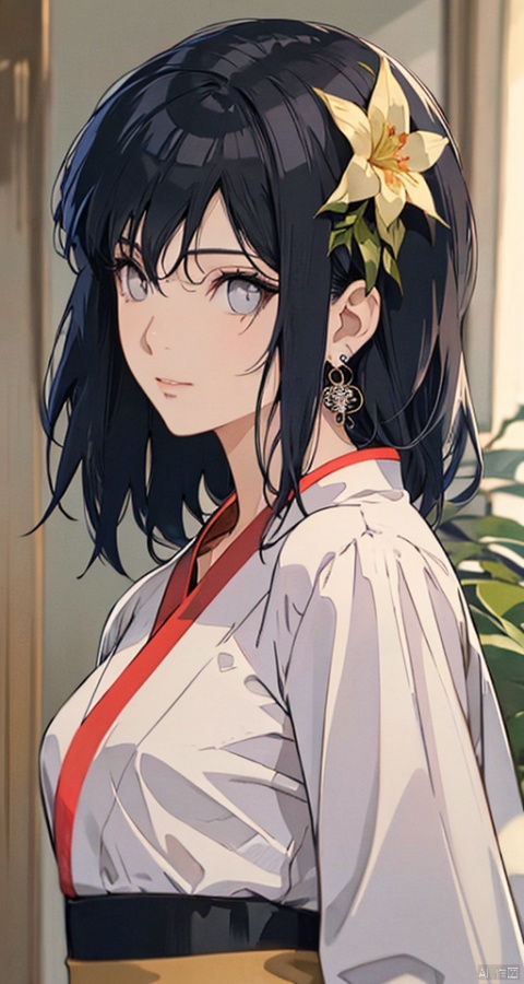  1girl, solo, jewelry, black hair, earrings, blurry background, black eyes, blurry, hair ornament, upper body, flower, realistic, looking at viewer, long sleeves, lips, dress, closed mouth,best quality,masterpiece,realistic,HDR,UHD,8K,masterpiece,realistic,hanfu, mtianmei, mpaidui