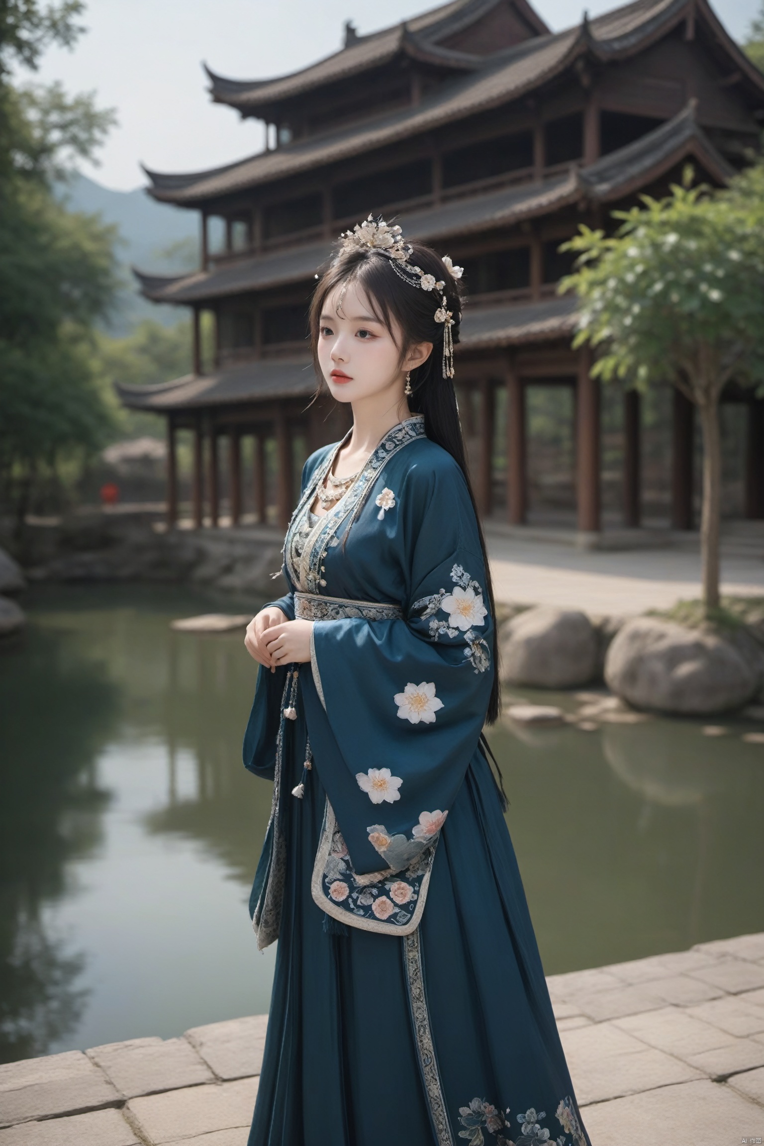  Detailed high, high precision, high quality, the UHD, 16 k, rich details, abundant element, shows that a girl, beautiful, lotus, lotus leaf, pearlygates, traditional clothing, clothing patterns, miao clothing headwear, Face Score, MAJICMIX STYLE, arien_hanfu, monkren,full-length mirror,Breast, huge,Dramatic clouds, mountains, rivers, ancient buildings,Guilin landscape, Guilin, Hangzhou,Sunny,shoes,,full body, MEINV, sunlight, 1girl, light master