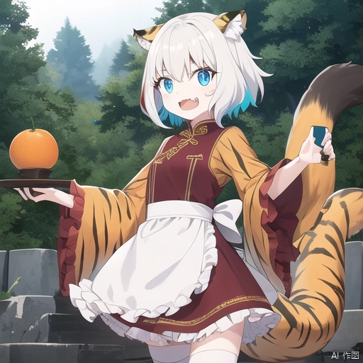  1girl, solo, looking_at_viewer, sad, skirt, thighhighs, long_sleeves, dress, animal_ears, blue_eyes, tail, full_body, long white with silver hair, multicolored_hair, food, fang, wide_sleeves, apron, fox_ear_fluff, bell, fangs, frilled_dress, frilled_sleeves,single_thighhigh, white_apron, frilled_apron, new_year, brown_skirt, brown_dress, claw_pose, tiger_ears, chinese_zodiac, tiger_tail, orange_\(fruit\), tiger, mandarin_orange, 2022, egasumi, tiger_girl, year_of_the_tiger, white_tiger,(masterpiece), (best quality), ((ultra-detailed)), A Pixar 3D showcasing coexisting harmoniously amid lush greenery, (crystal glowin on hand), eyesseye,standing,formal hands,