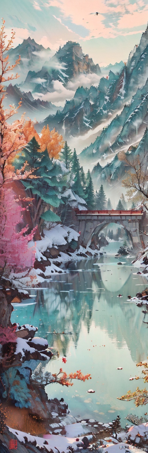  Fan kuan's painting "Xi Shan Xing Lv Tu" depicts a landscape in the style of the Song Dynasty, winter,heavy snow,using meticulous brushwork combined with a touch of freehand brushwork. Among the layered mountains and peaks, pine trees grow, and there is a light green lake with a mirror-like surface. A stone bridge with a pavilion connects two mountains. In the distance, there are continuous far-off mountains and a pale blue sky ((without any clouds)), The setting sun hangs in the sky, creating a captivating scene,claborate-style painting,pixel world,a photoofshanshuibyjinliang,zydink,山水