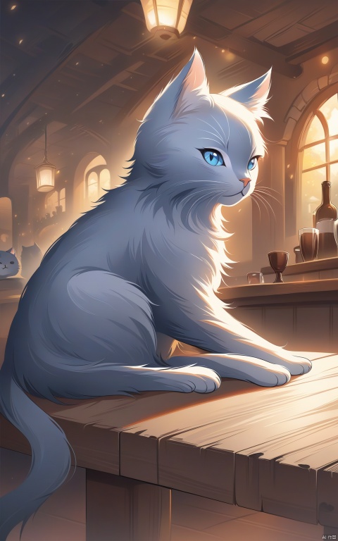 modelshoot style,8k,portrait of a cute grey\(russian blue\) cat sitting on a wooden table in a medieval tavern,detailed fur,trending on ArtStation,trending on CGSociety,Intricate,High Detail,Sharp focus,dramatic lighting,digital painting,digital art,by artgerm,by Liang Xing,by WLOP