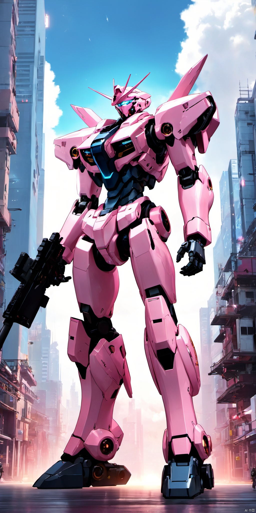 sky,cloud,holding weapon,no humans,glowing,robot,building,glowing eyes,mecha,science fiction,city,realistic,light pink mecha