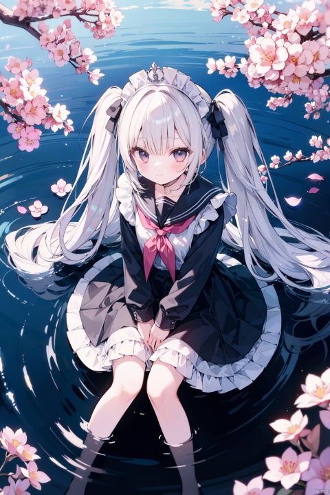  1girl, solo, long_hair, pink_hair, cherry_blossoms, skirt, very_long_hair, ripples, school_uniform, twintails, black_skirt, reflection, serafuku, from_above, neckerchief, shirt, pleated_skirt, pink_eyes, sailor_collar, long_sleeves, black_shirt, flower, black_serafuku, sitting, water, looking_up, bangs, looking_at_viewer, petals, closed_mouth, black_sailor_collar，1girl,Solo,Maid,Maid Tiara,Maid Apron,Smile,Silver Hair,Silver Black Eyes,Full Body,Hands Down,Frills,Many Frills side